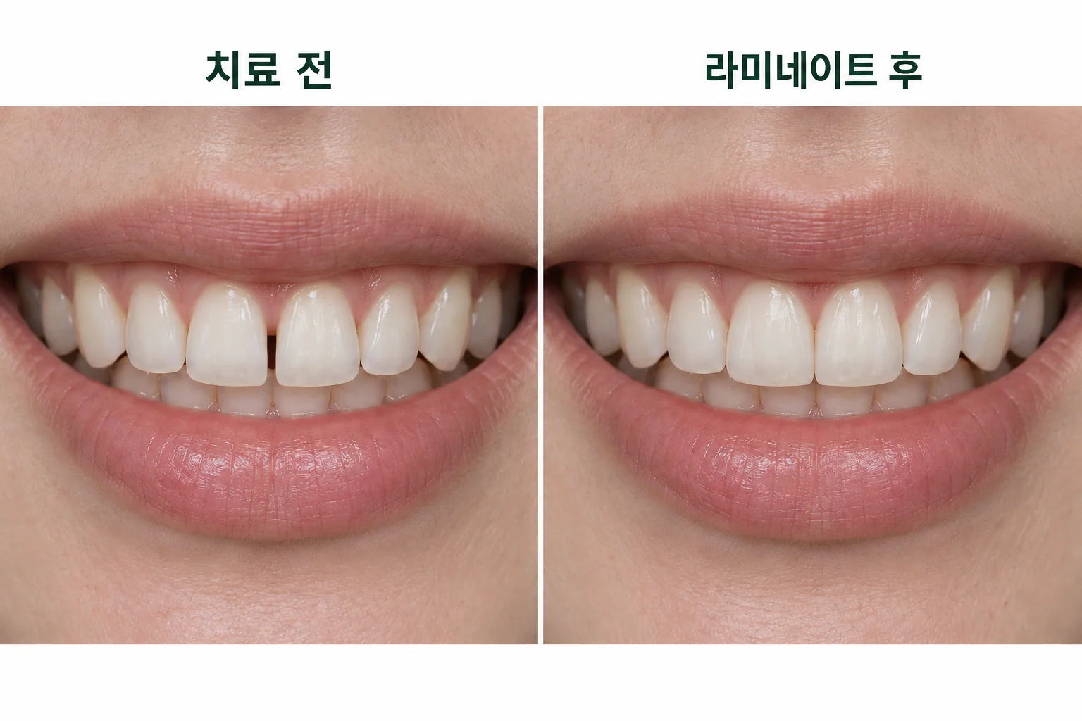 라미네이트로 앞니 사이의 틈을 개선하는 과정을 표현한 가상 비교 이미지